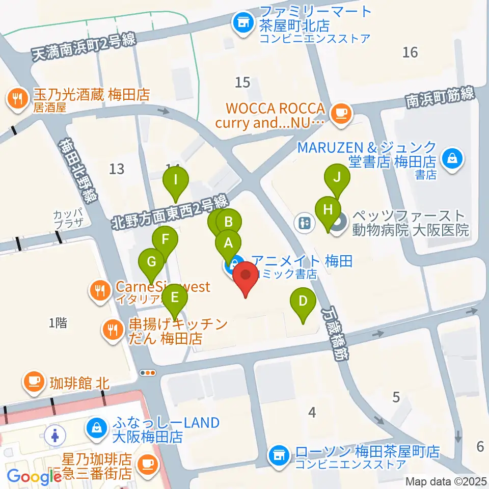 イシバシ楽器 梅田店周辺のカフェ一覧地図