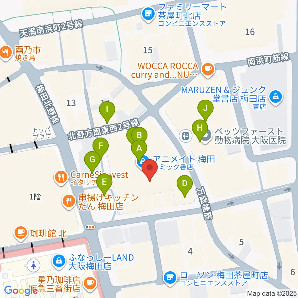 イシバシ楽器 梅田店周辺のカフェ一覧地図