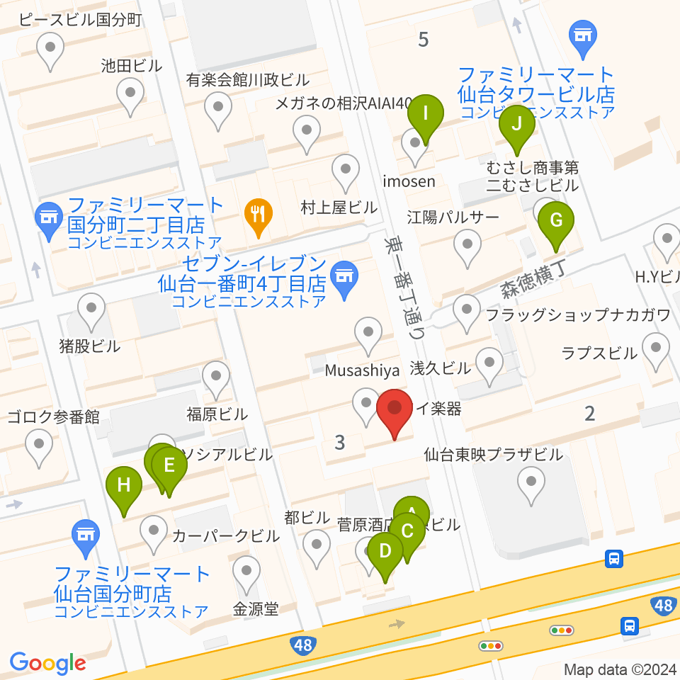 カワイ仙台周辺のカフェ一覧地図