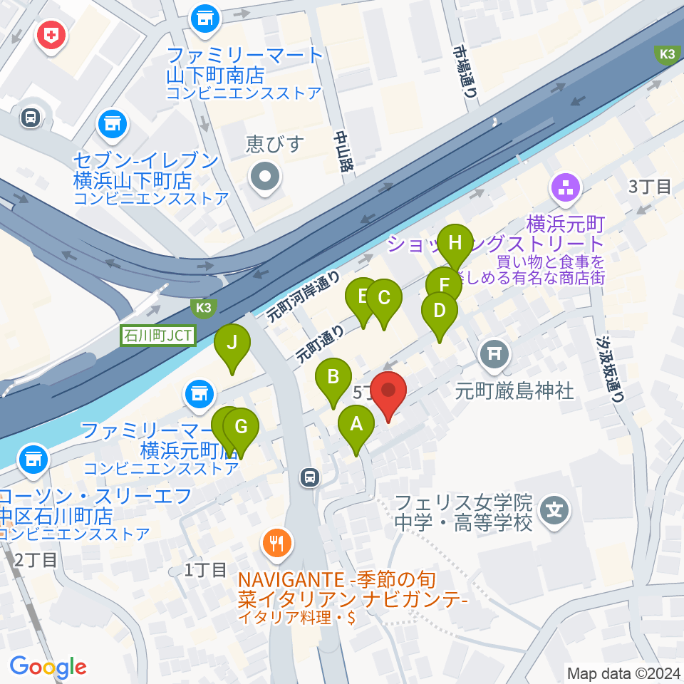 元町弦楽器 LA CANTINA周辺のカフェ一覧地図