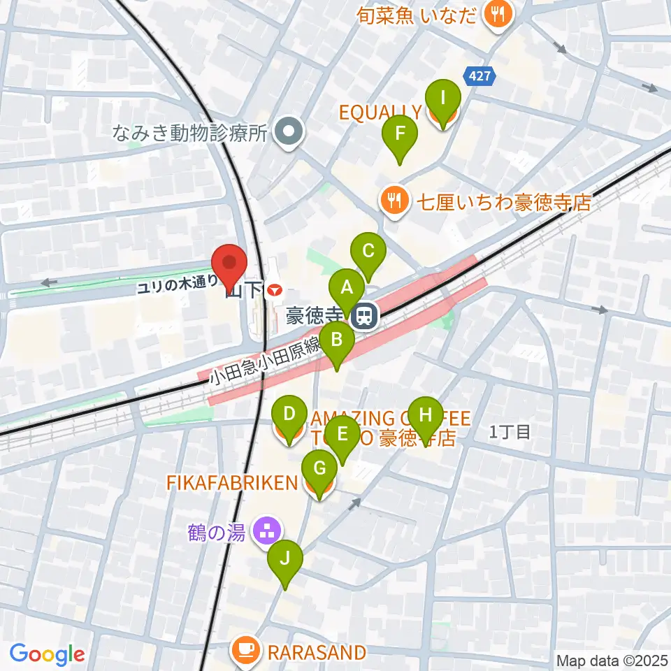 リューテリア・ガン周辺のカフェ一覧地図