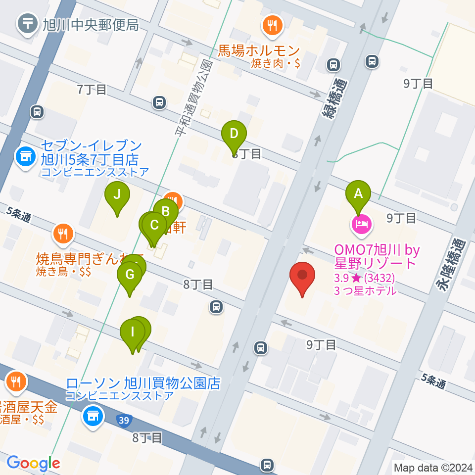 カワイ旭川ショップ周辺のカフェ一覧地図