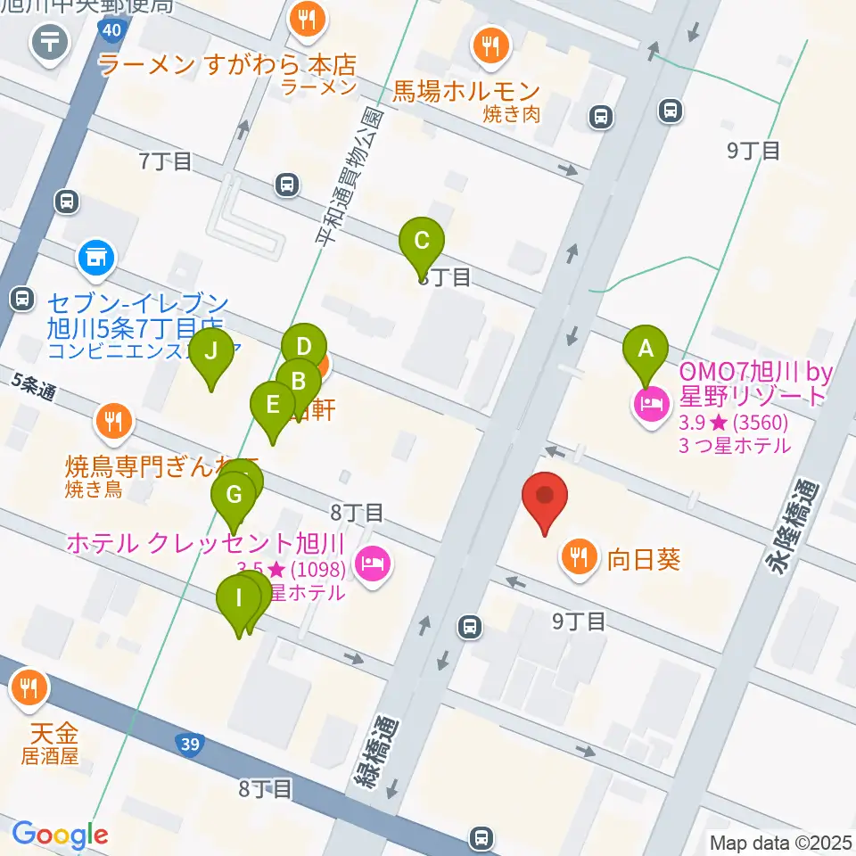 カワイ旭川ショップ周辺のカフェ一覧地図