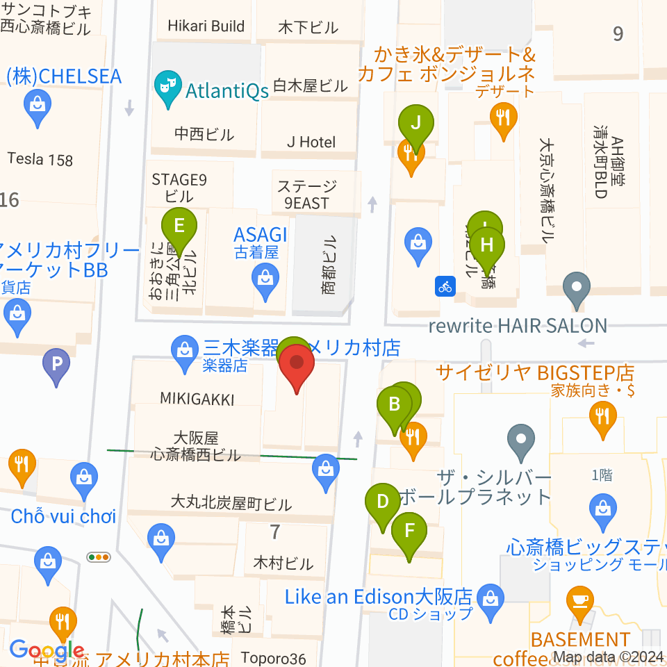 三木楽器アメリカ村店周辺のカフェ一覧地図