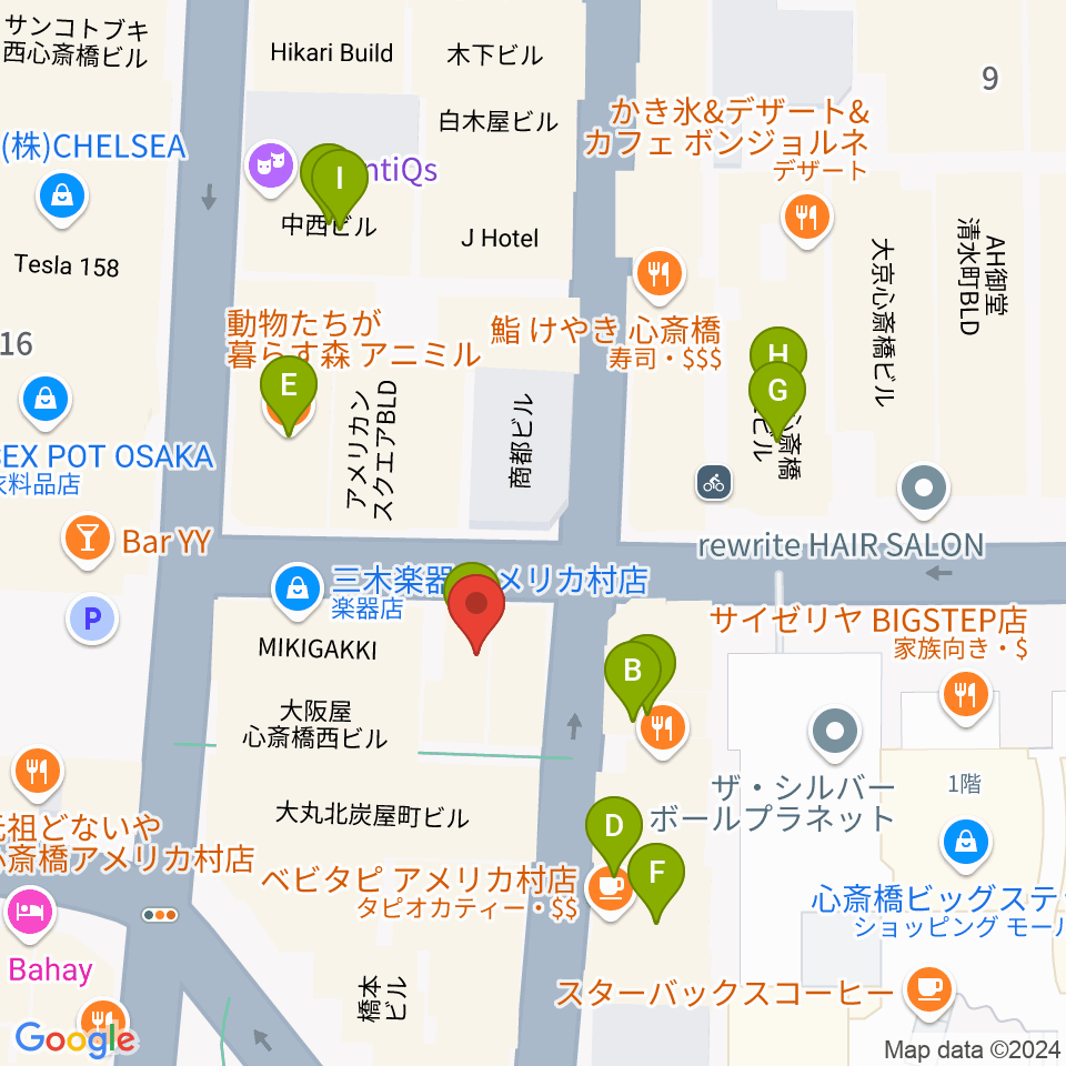 三木楽器アメリカ村店周辺のカフェ一覧地図