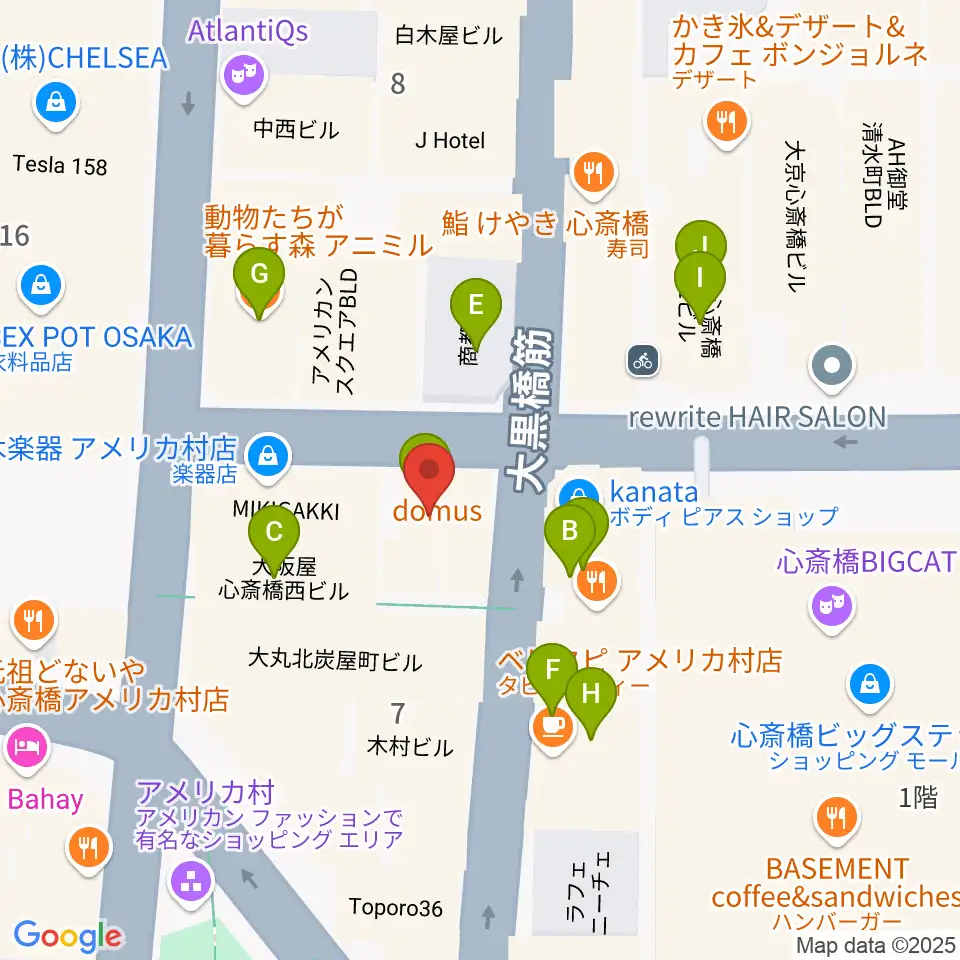 三木楽器アメリカ村店周辺のカフェ一覧地図