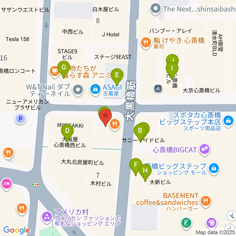 三木楽器アメリカ村店周辺のカフェ一覧地図