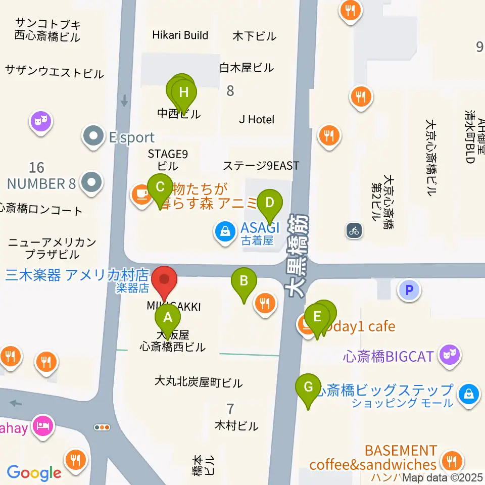 三木楽器アメリカ村店周辺のカフェ一覧地図