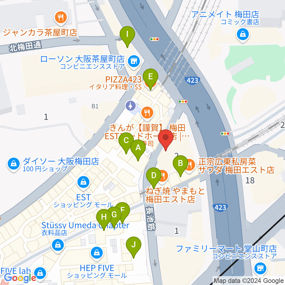 ドルチェ・アートホールOsaka周辺のカフェ一覧地図