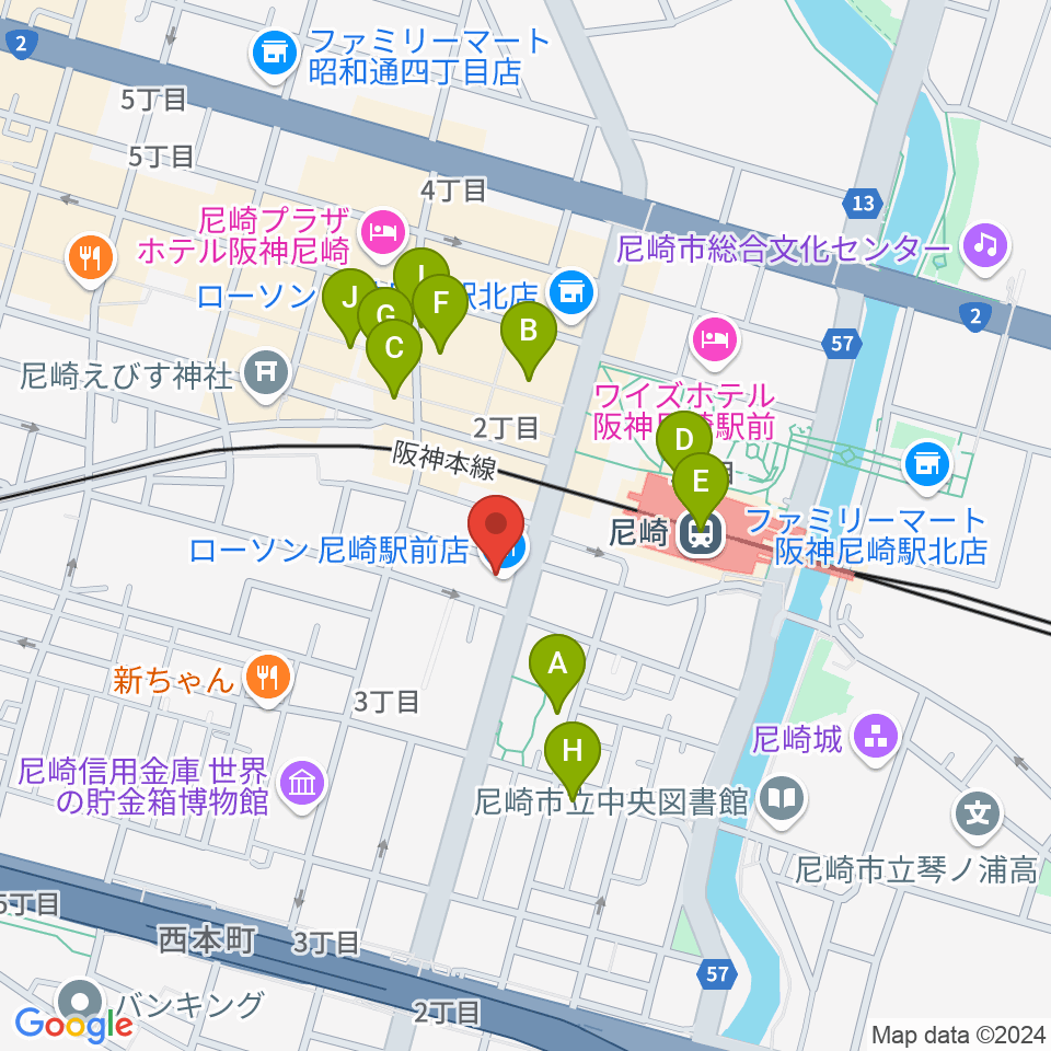 ベースオントップ尼崎店周辺のカフェ一覧地図