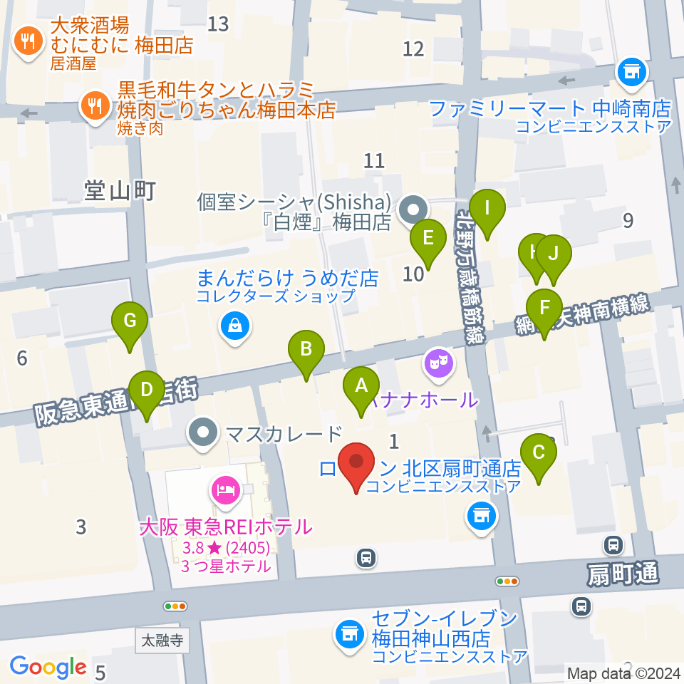 ベースオントップ大阪梅田店周辺のカフェ一覧地図