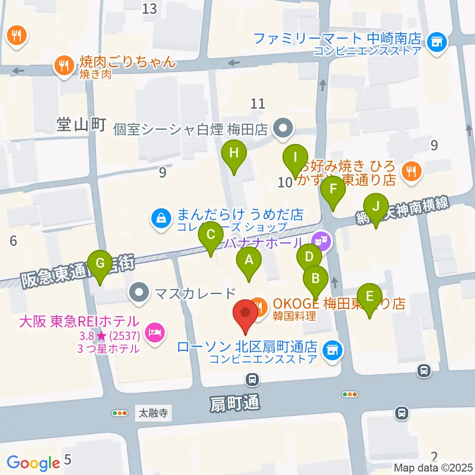 ベースオントップ大阪梅田店周辺のカフェ一覧地図