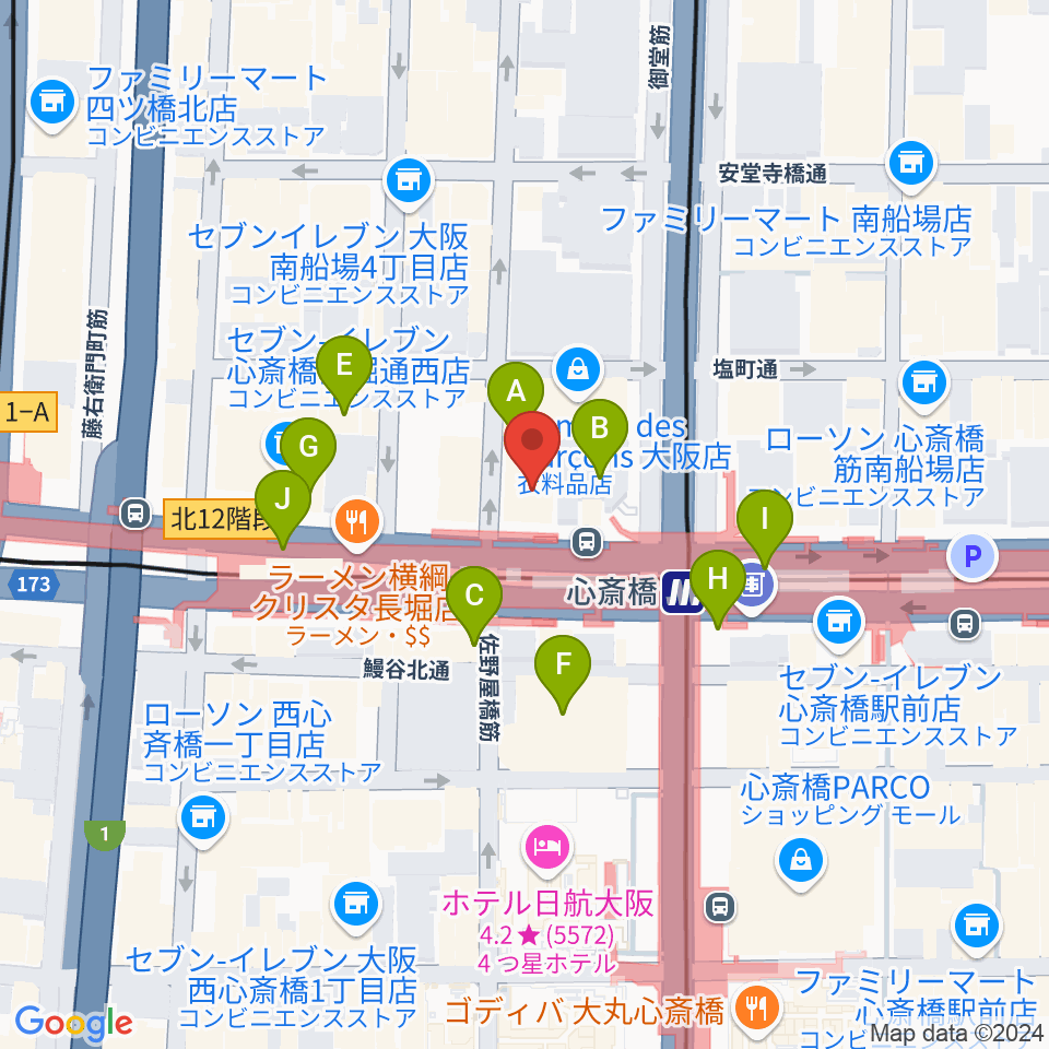 ベースオントップ心斎橋店周辺のカフェ一覧地図