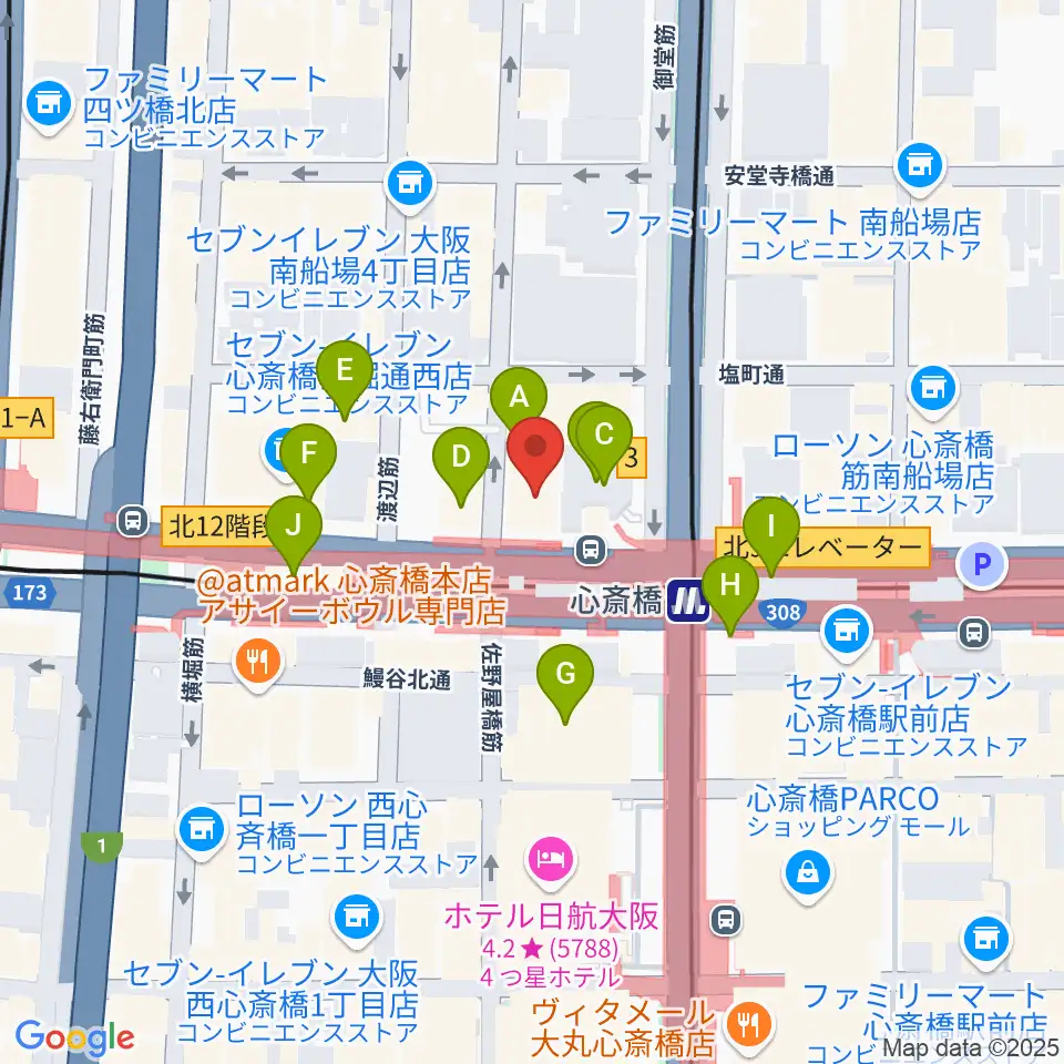 ベースオントップ心斎橋店周辺のカフェ一覧地図