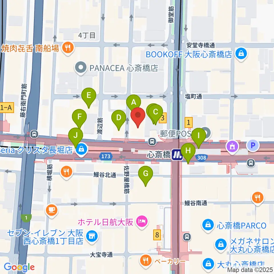 ベースオントップ心斎橋店周辺のカフェ一覧地図
