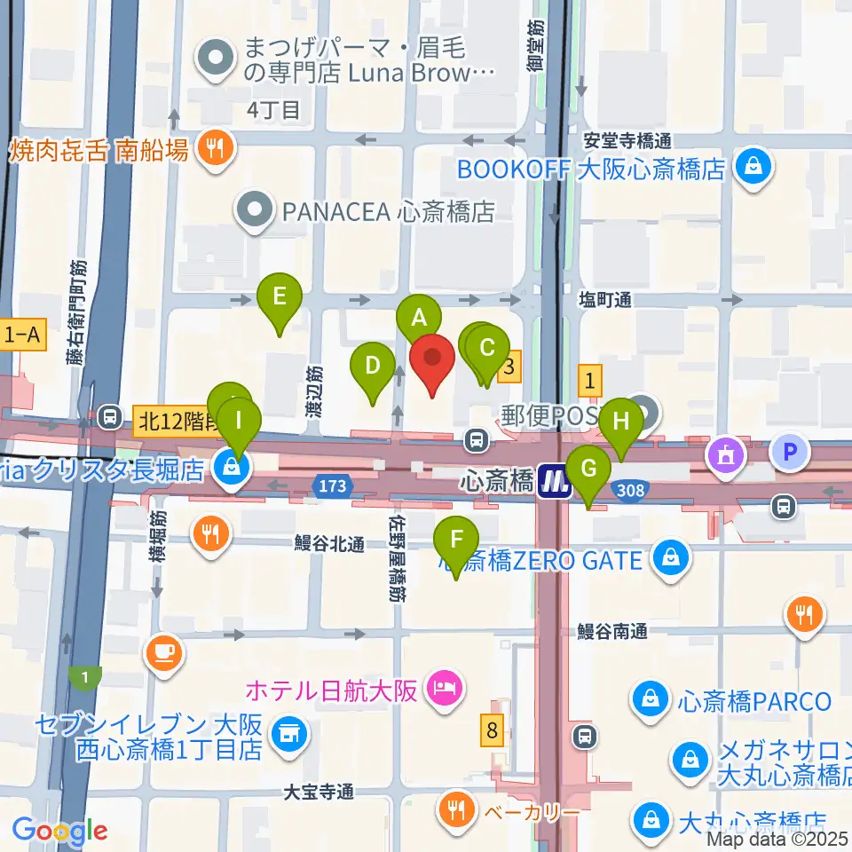 ベースオントップ心斎橋店周辺のカフェ一覧地図