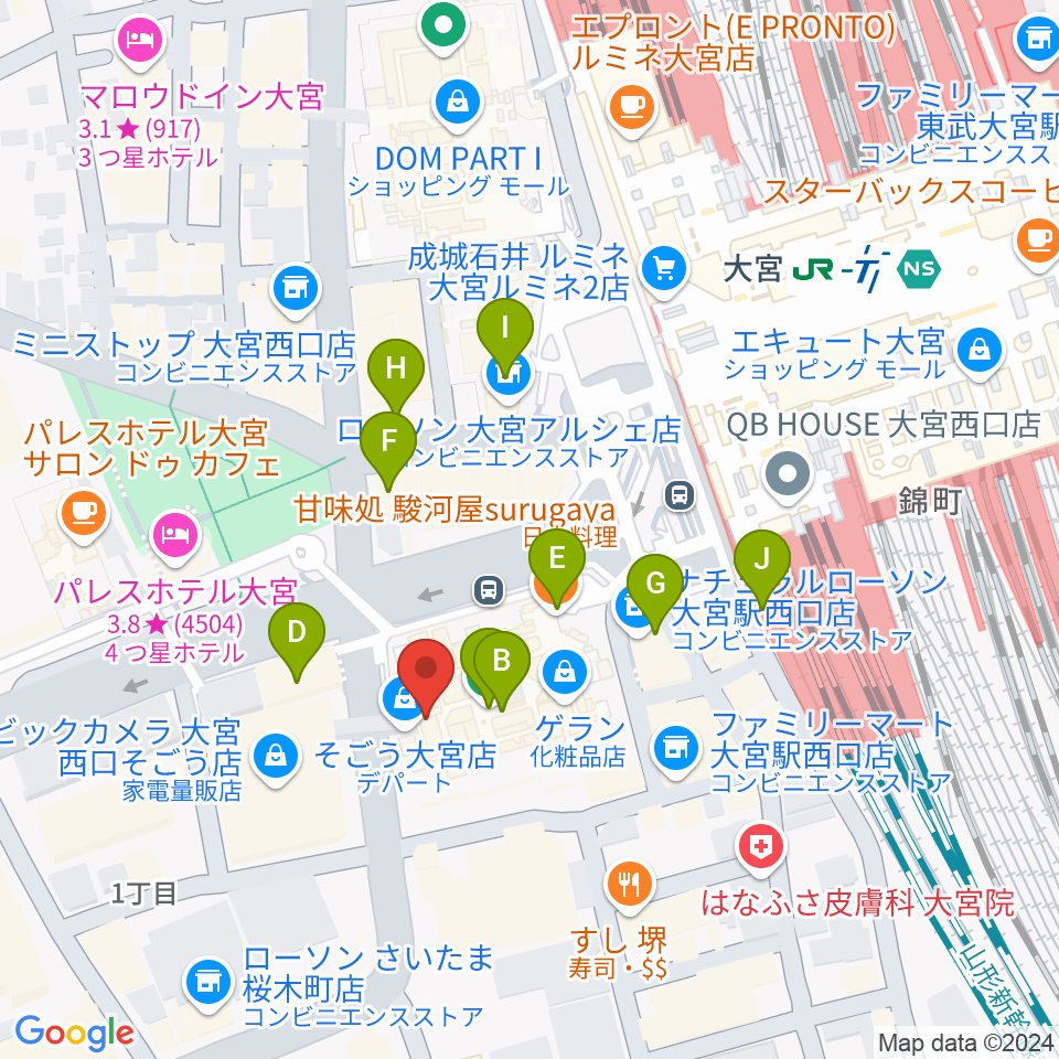 山野楽器 そごう大宮店周辺のカフェ一覧地図