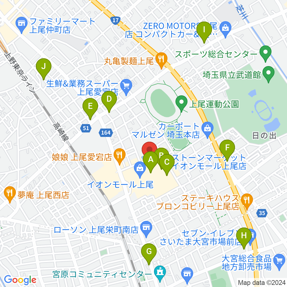 山野楽器イオンモール上尾店周辺のカフェ一覧地図