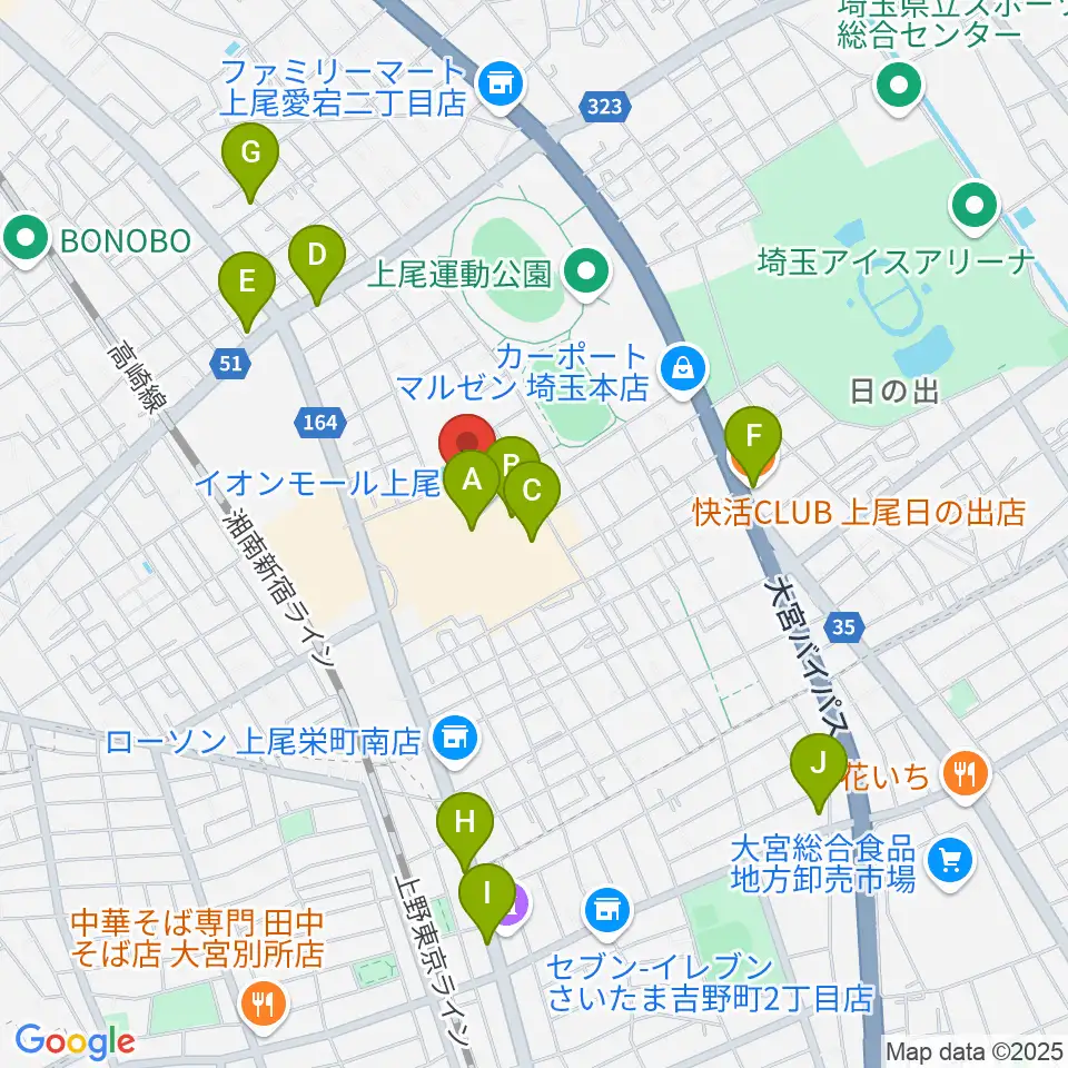 山野楽器イオンモール上尾店周辺のカフェ一覧地図