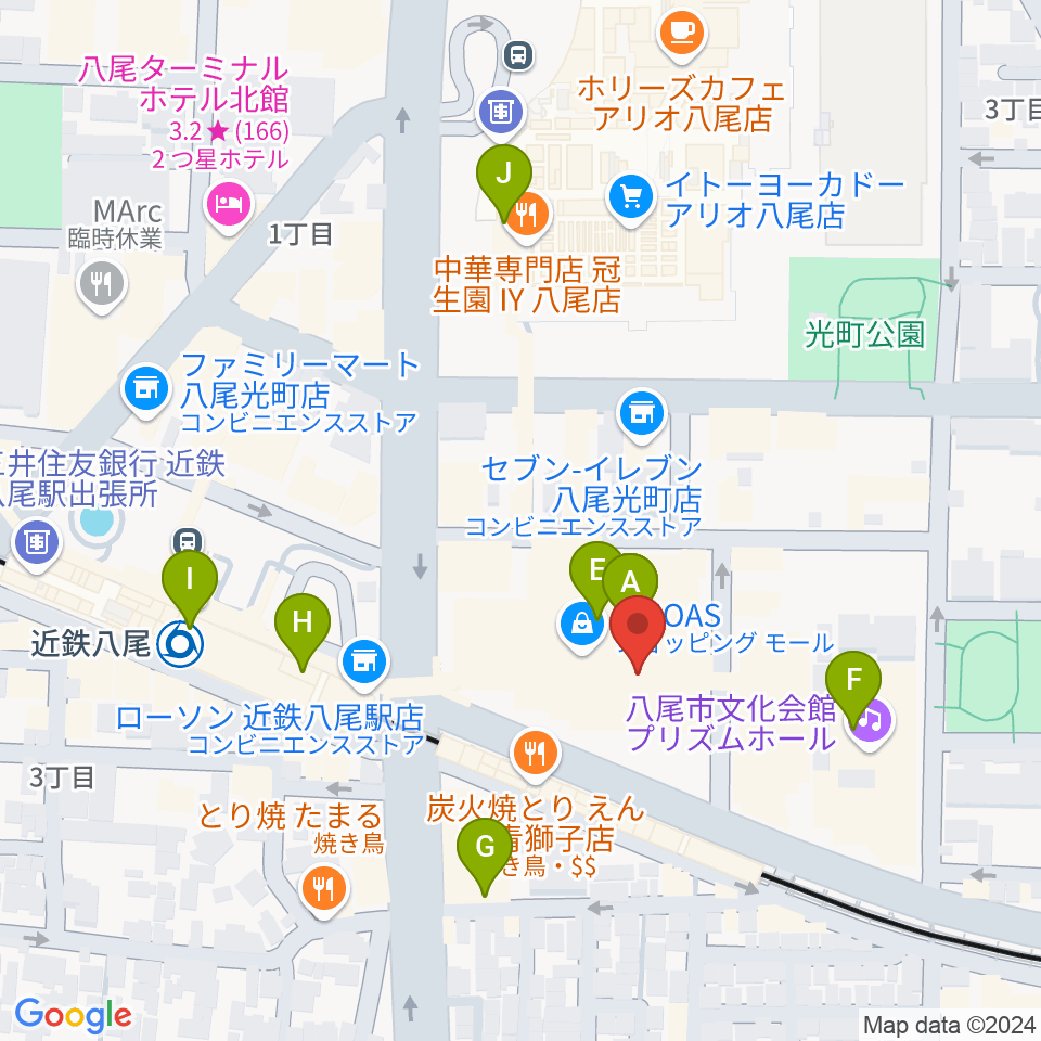 山野楽器 リノアス八尾店周辺のカフェ一覧地図