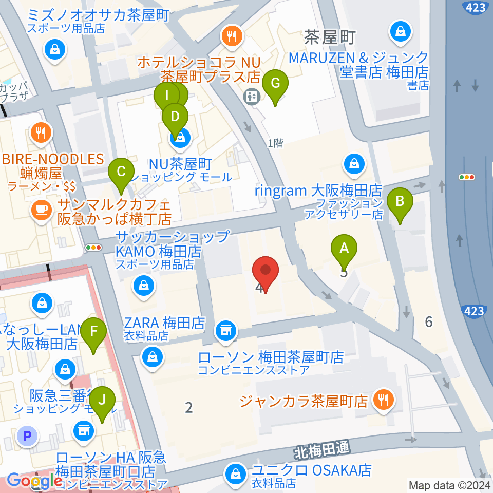 梅田アズールテラス周辺のカフェ一覧地図