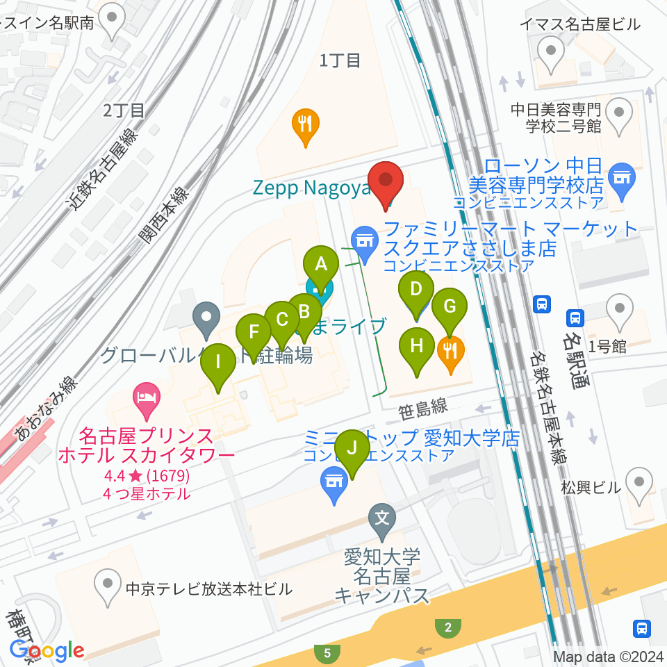 Zepp名古屋周辺のカフェ一覧地図