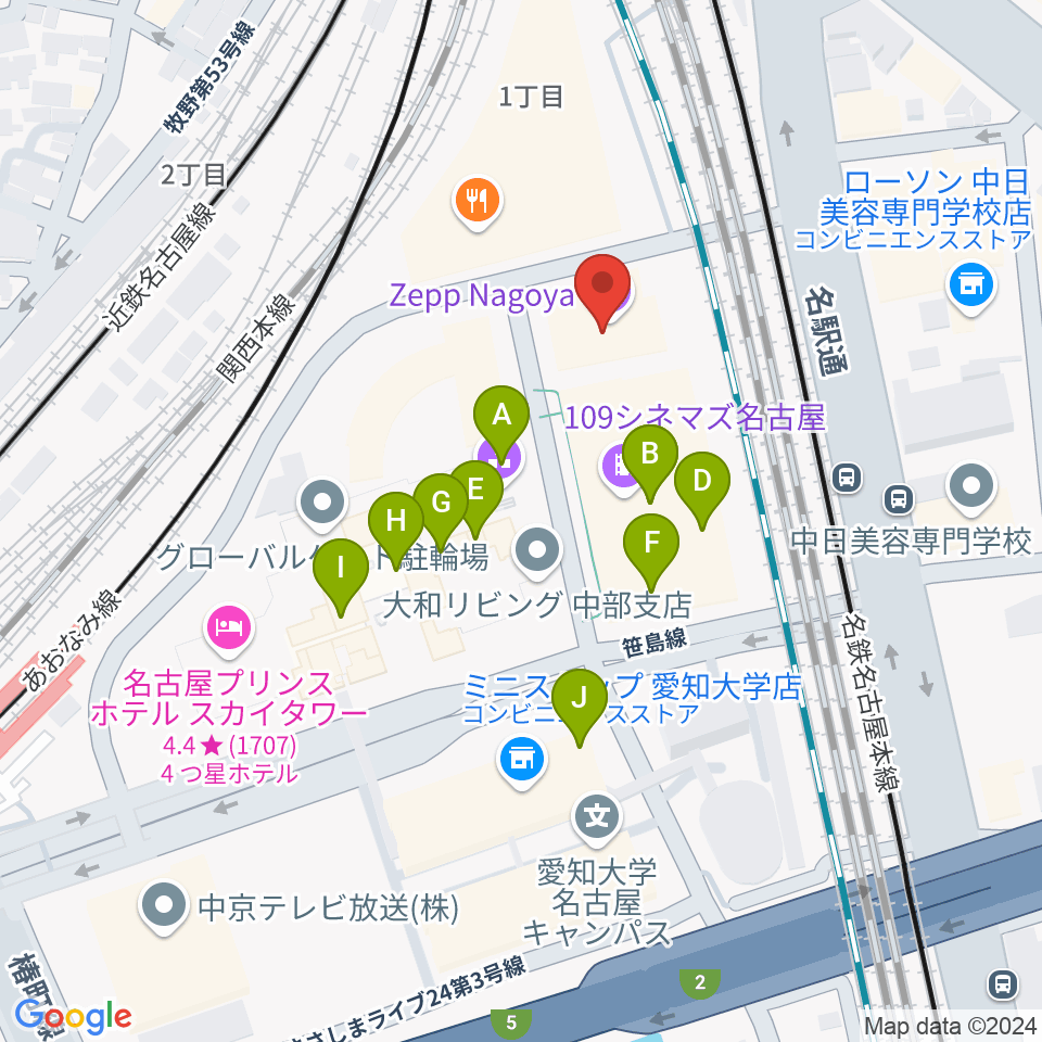 Zepp名古屋周辺のカフェ一覧地図