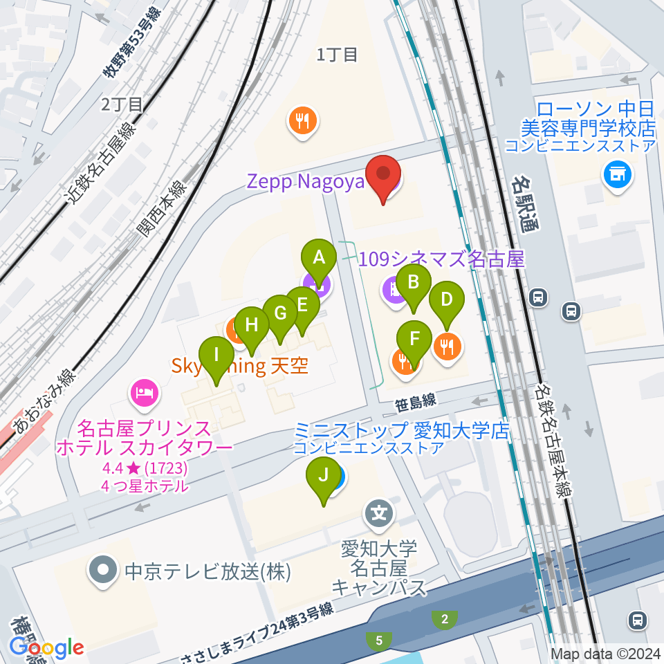 Zepp名古屋周辺のカフェ一覧地図