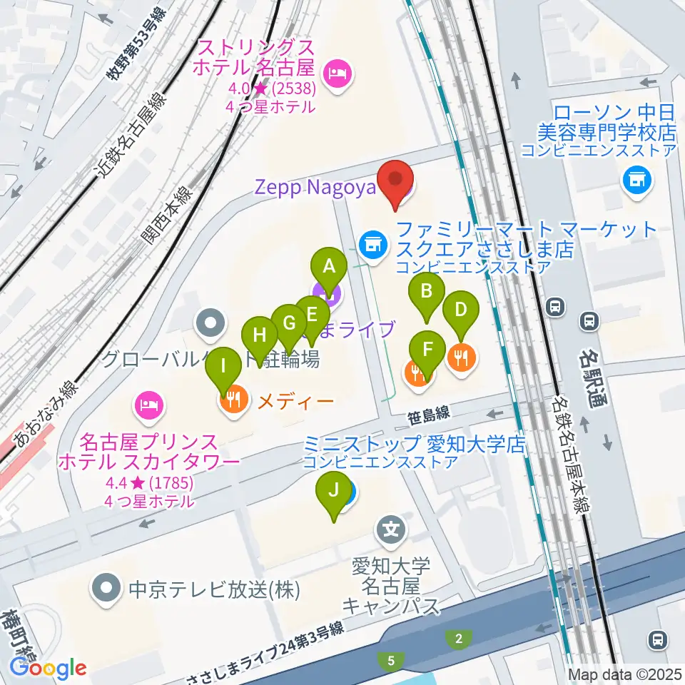 Zepp名古屋周辺のカフェ一覧地図
