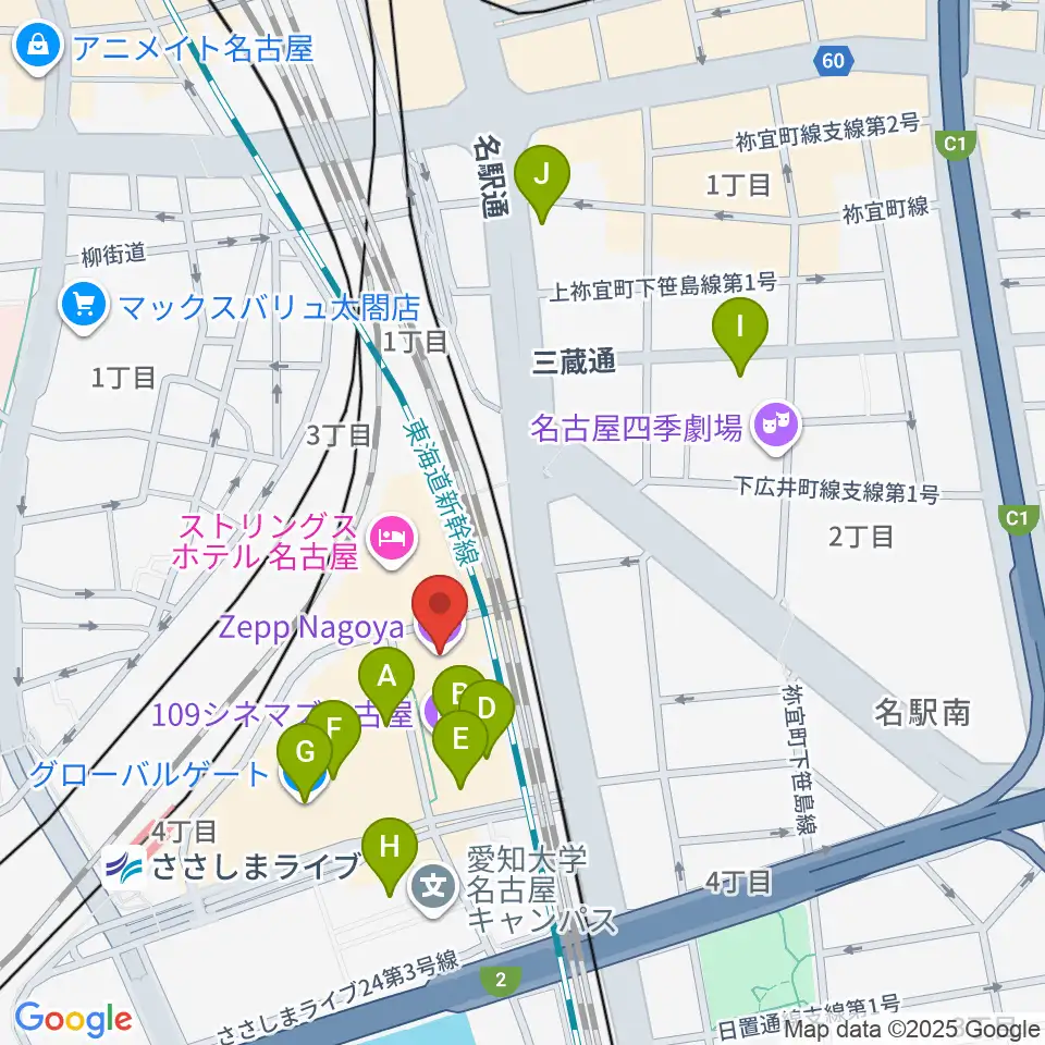 Zepp名古屋周辺のカフェ一覧地図