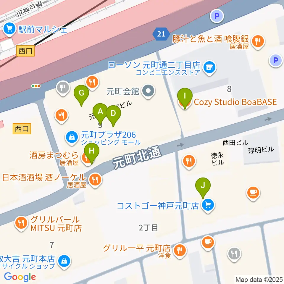 元町シアタージャジー周辺のカフェ一覧地図