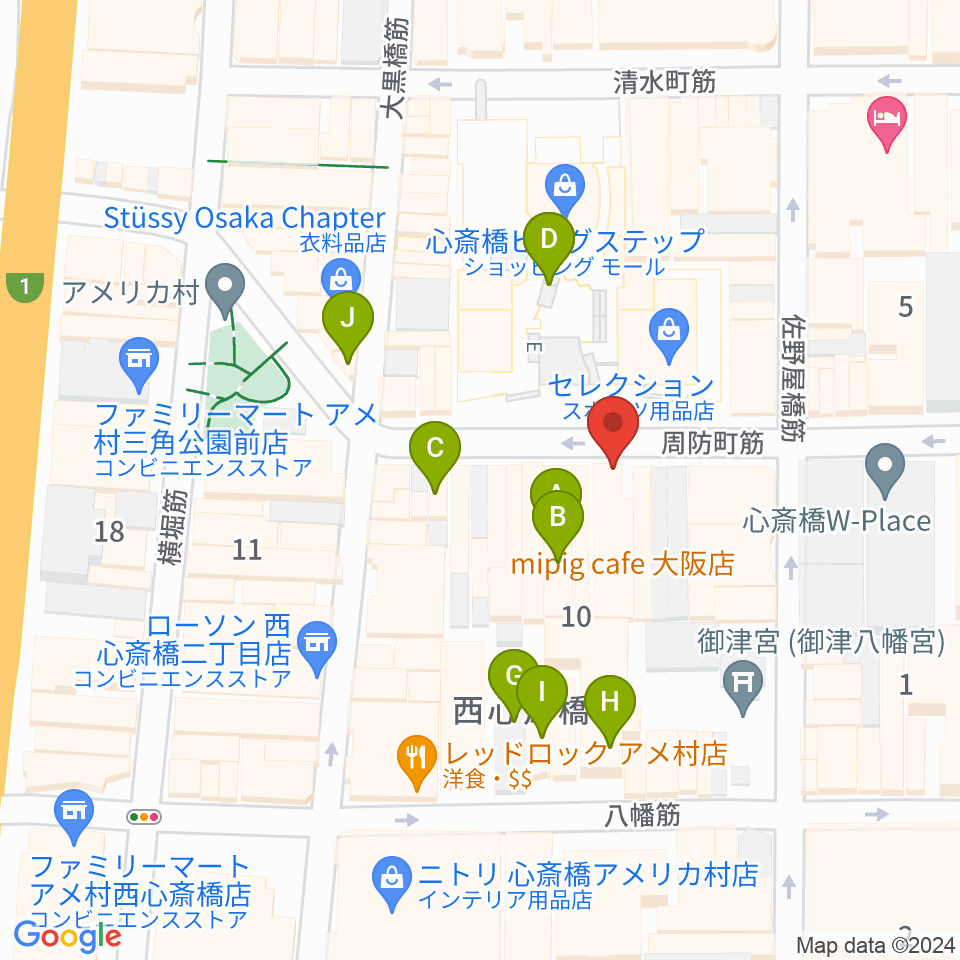 心斎橋パンゲア周辺のカフェ一覧地図