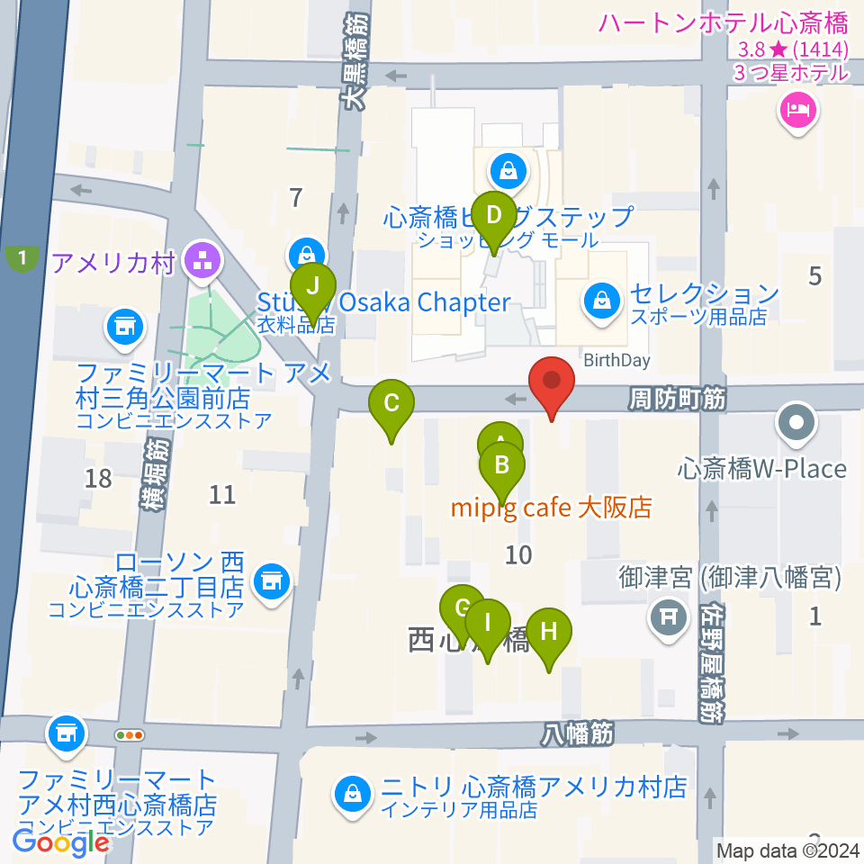 心斎橋パンゲア周辺のカフェ一覧地図