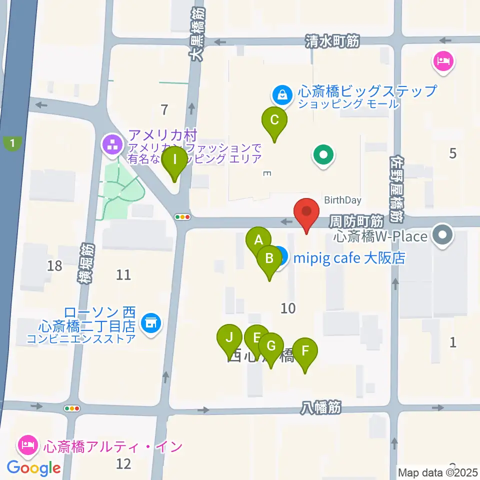 心斎橋パンゲア周辺のカフェ一覧地図