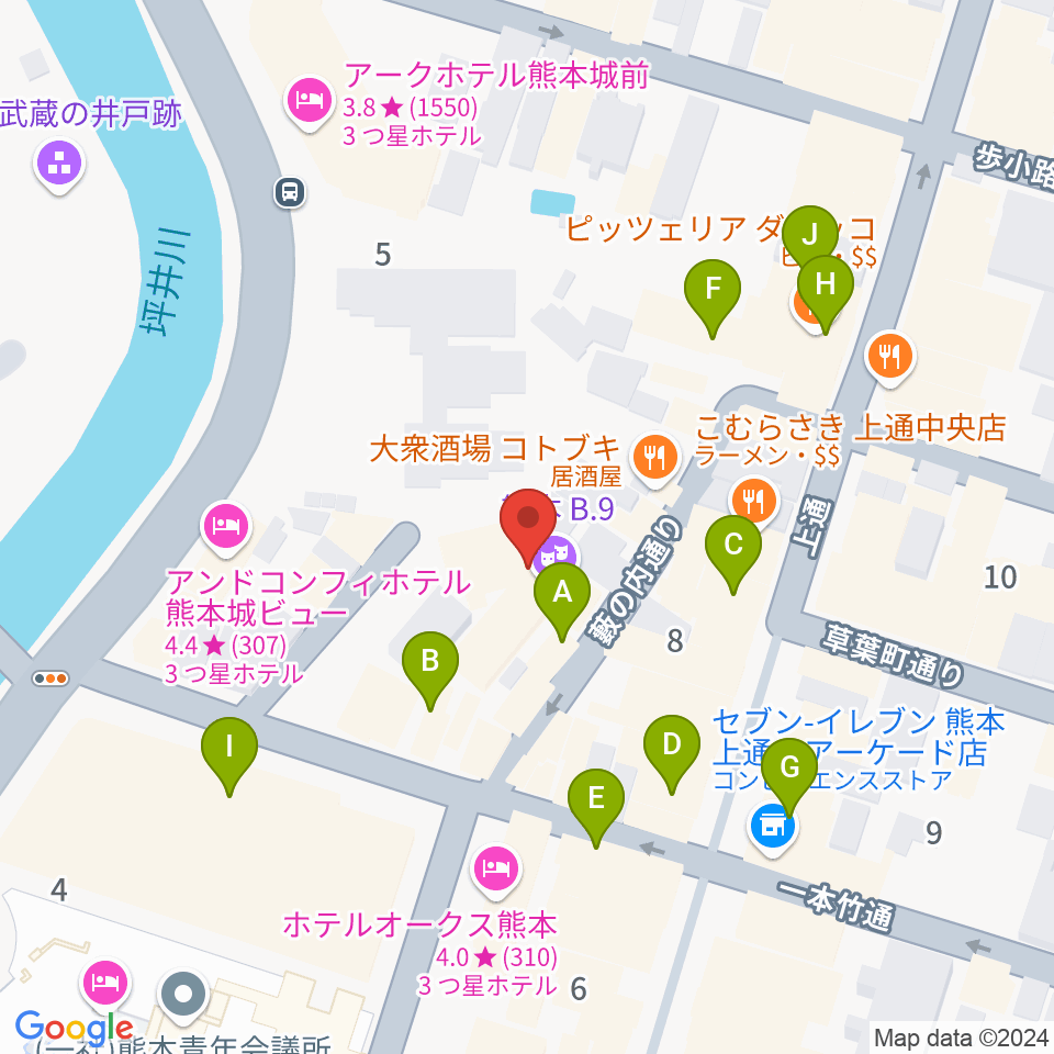 熊本B.9周辺のカフェ一覧地図