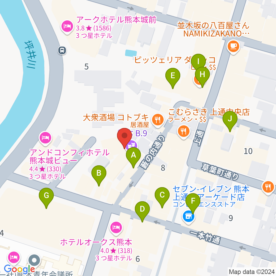 熊本B.9周辺のカフェ一覧地図