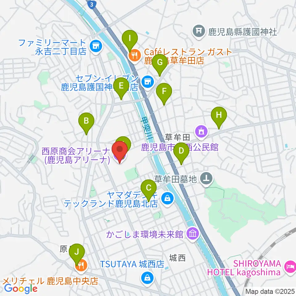 西原商会アリーナ周辺のカフェ一覧地図