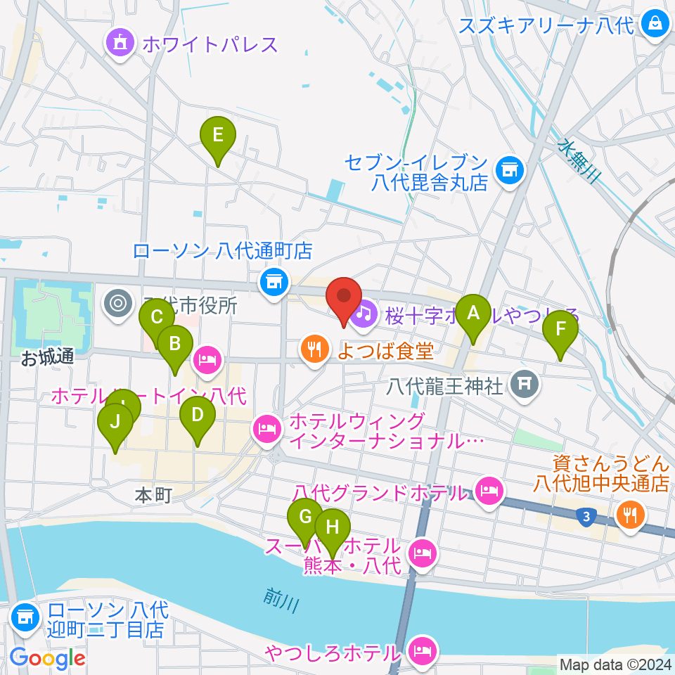 桜十字ホールやつしろ周辺のカフェ一覧地図