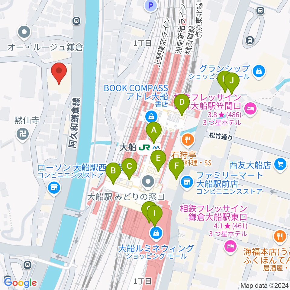 ピアノ百貨大船店周辺のカフェ一覧地図