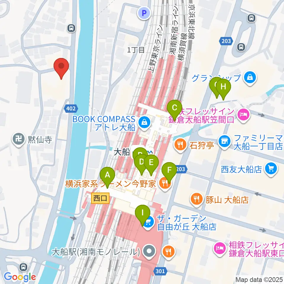 ピアノ百貨大船店周辺のカフェ一覧地図