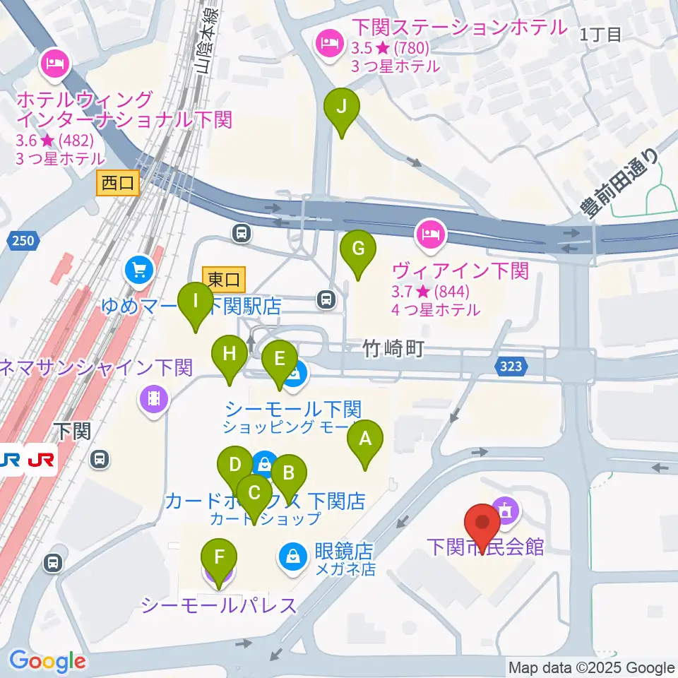 下関市民会館周辺のカフェ一覧地図