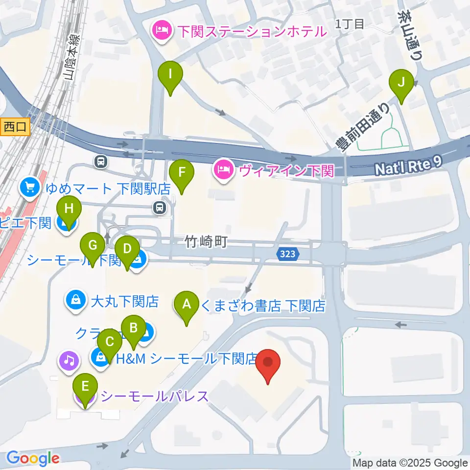 下関市民会館周辺のカフェ一覧地図