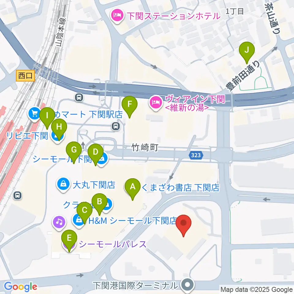 下関市民会館周辺のカフェ一覧地図