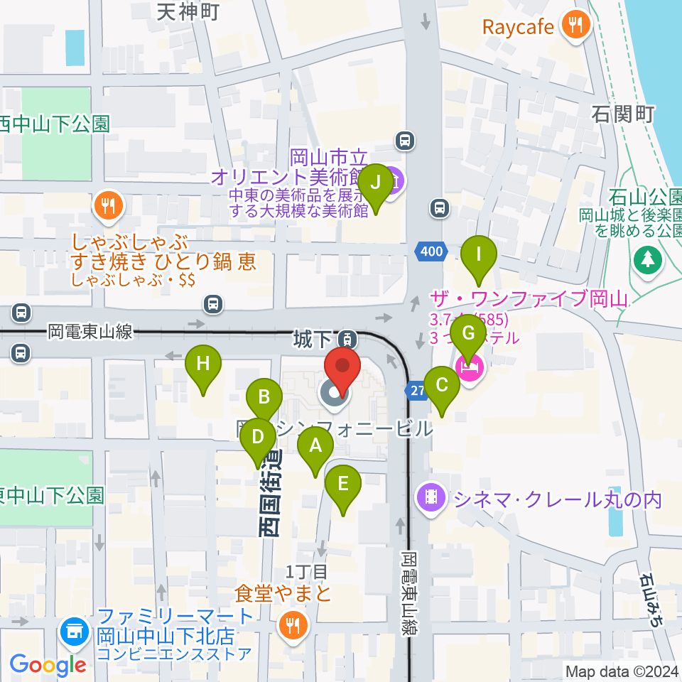 岡山シンフォニーホール周辺のカフェ一覧地図