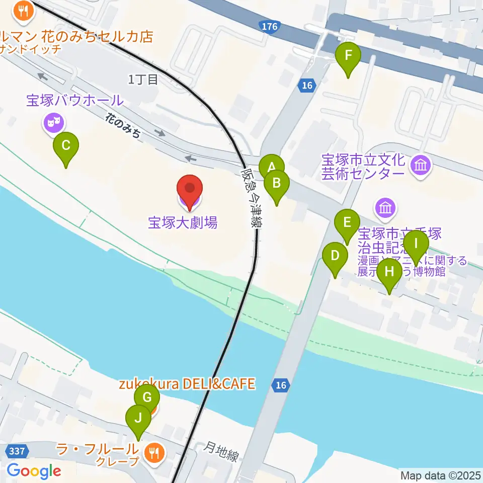 宝塚大劇場・宝塚バウホール周辺のカフェ一覧地図