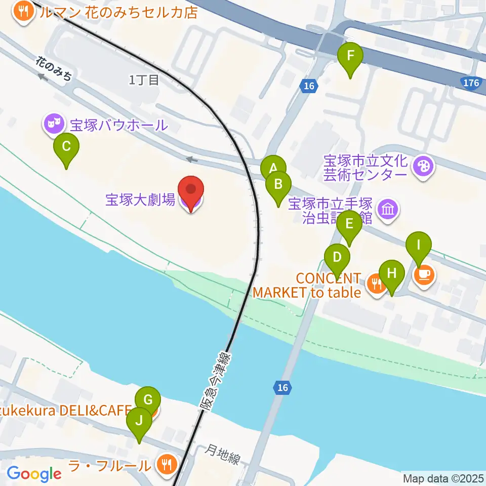 宝塚大劇場・宝塚バウホール周辺のカフェ一覧地図