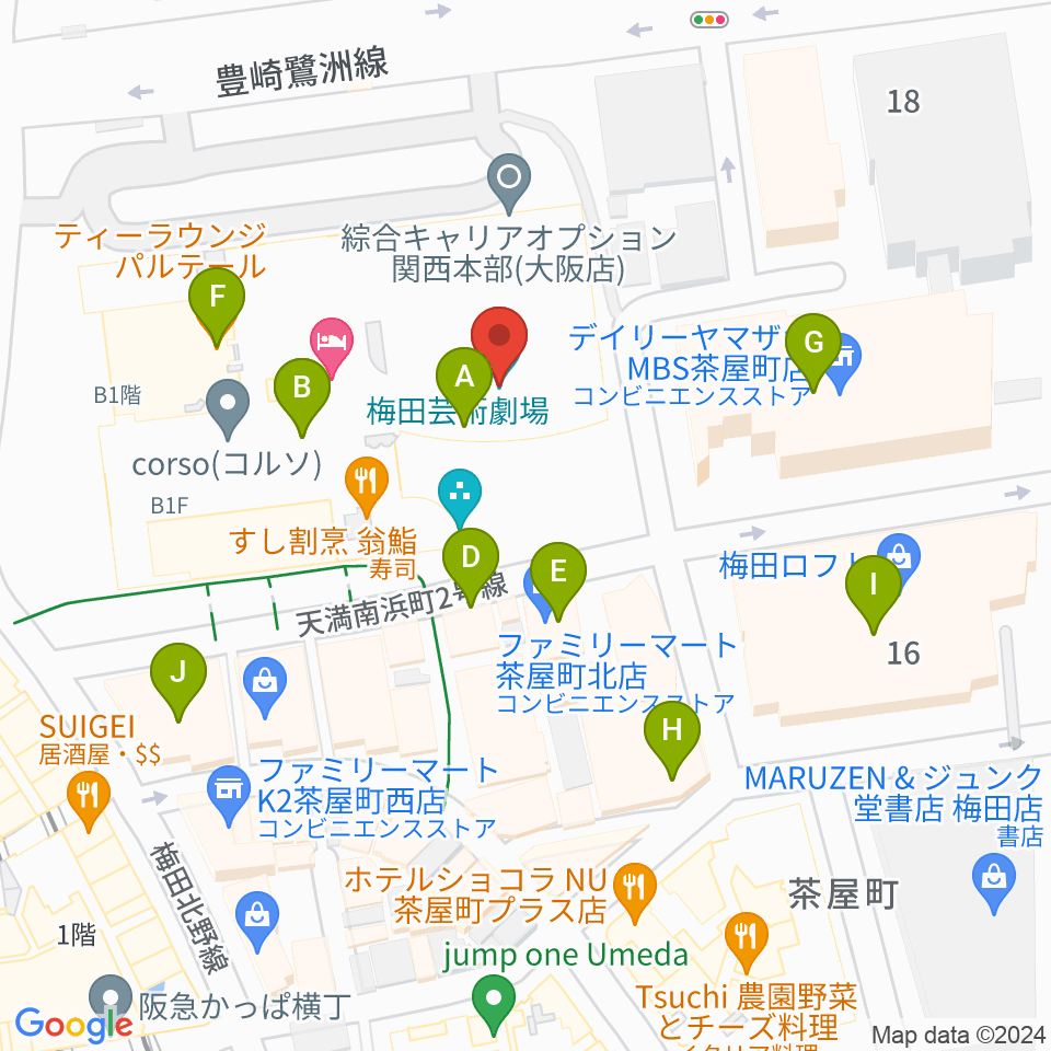 梅田芸術劇場周辺のカフェ一覧地図