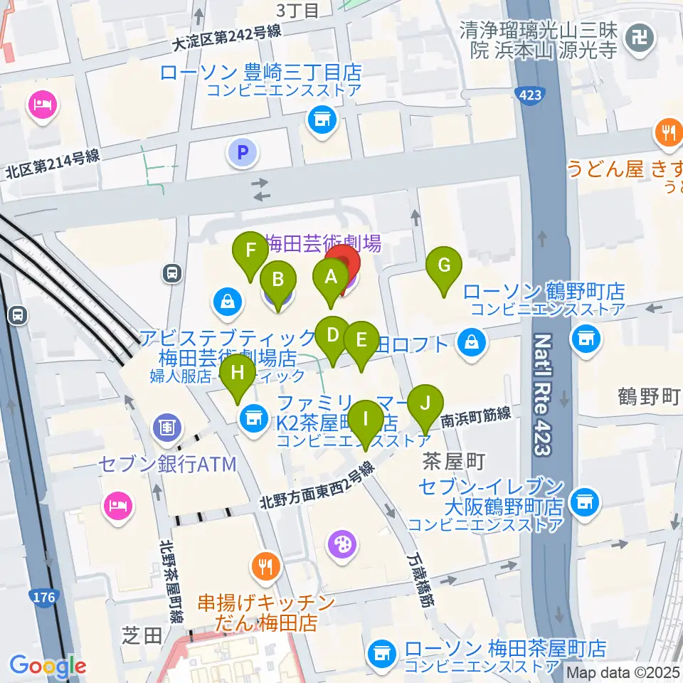 梅田芸術劇場周辺のカフェ一覧地図