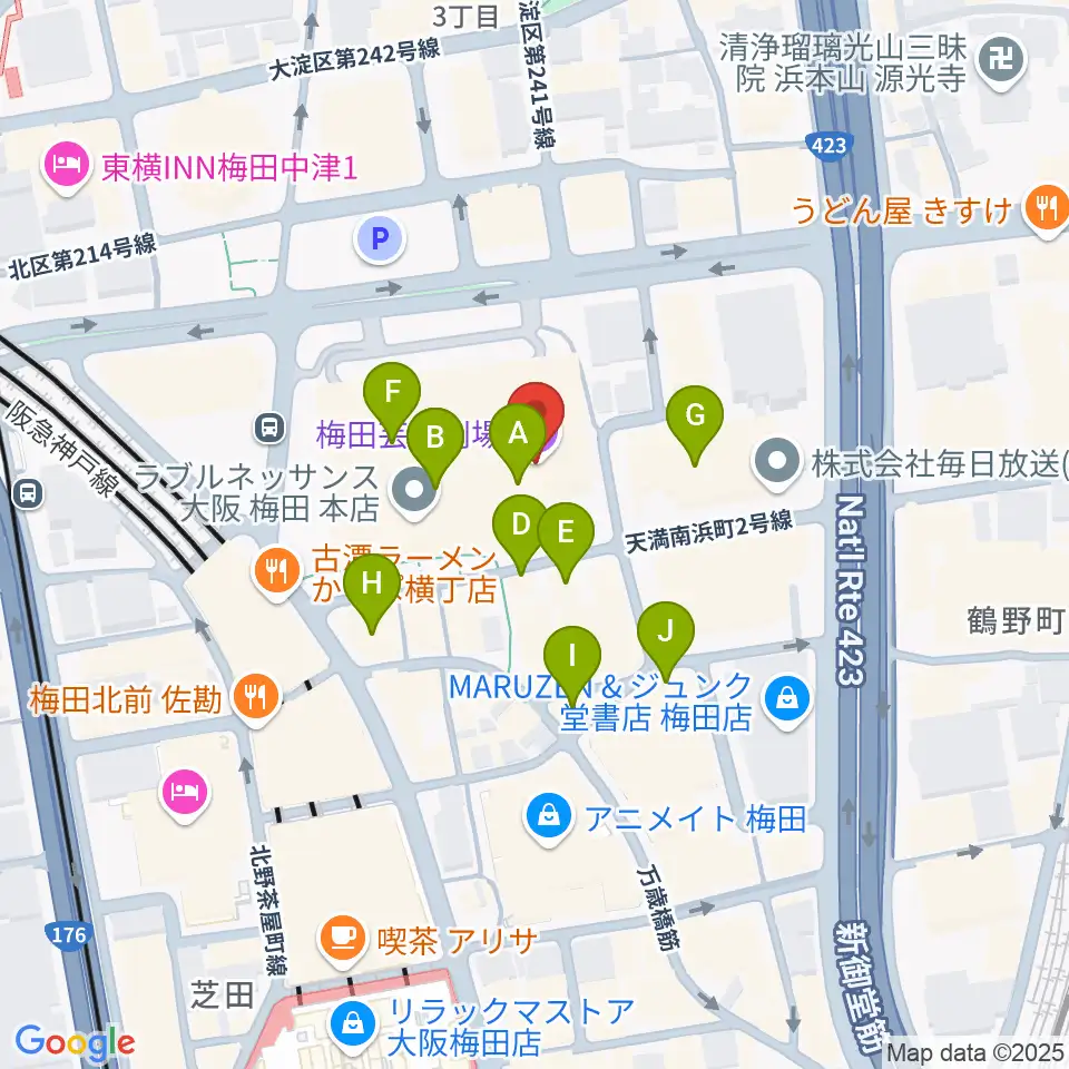 梅田芸術劇場周辺のカフェ一覧地図