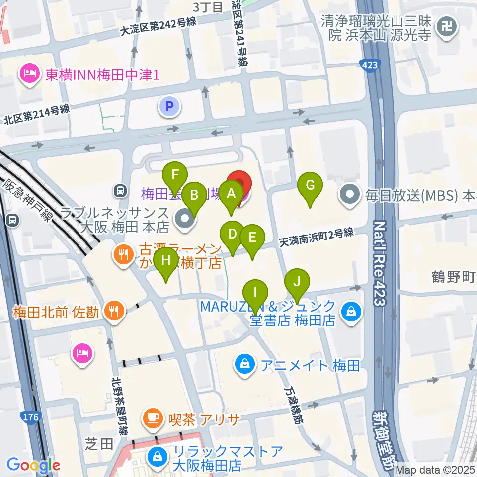 梅田芸術劇場周辺のカフェ一覧地図